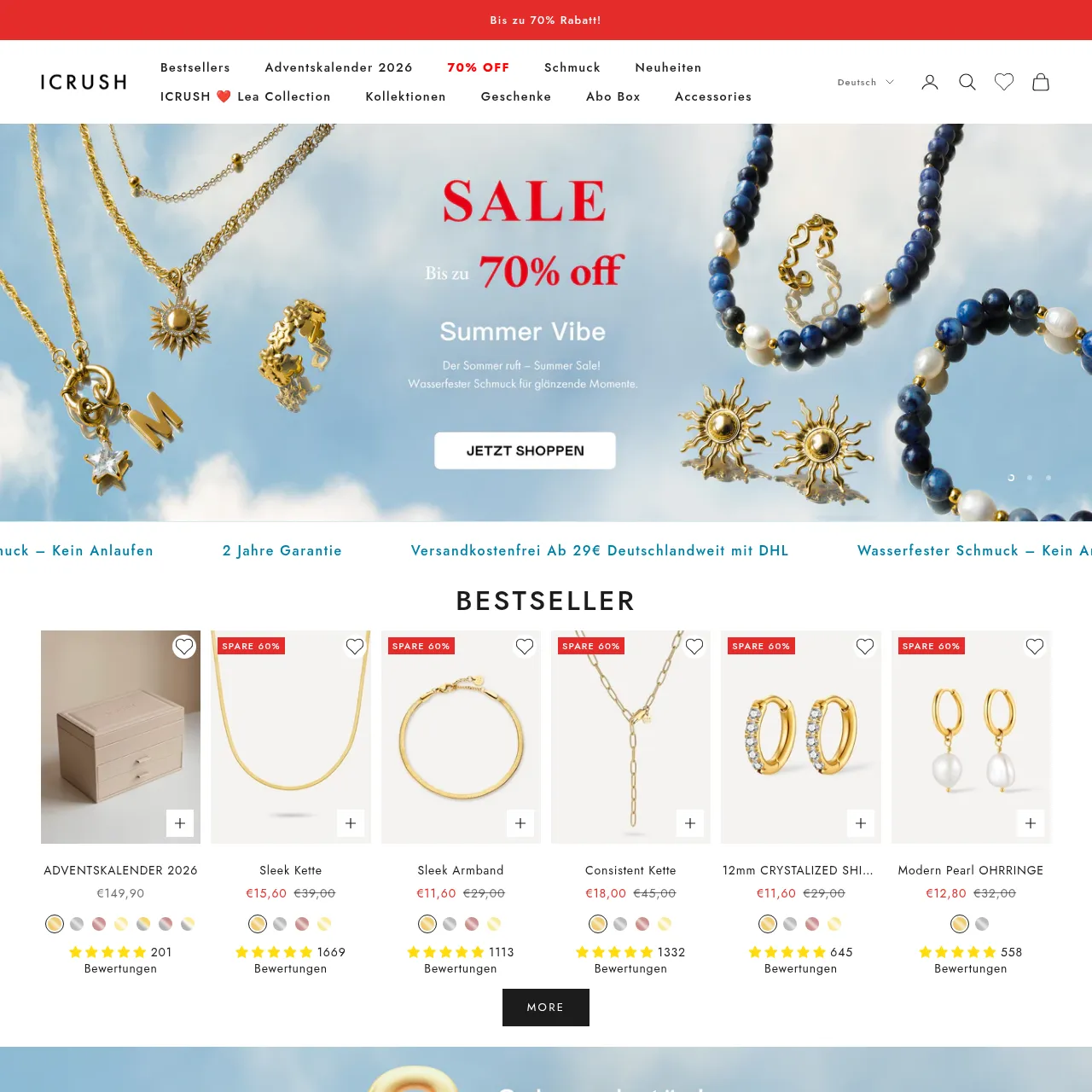 ICRUSH Homepage mit wasserfestem Schmuck, Mix & Match Charms und Zirkonia-Kollektionen