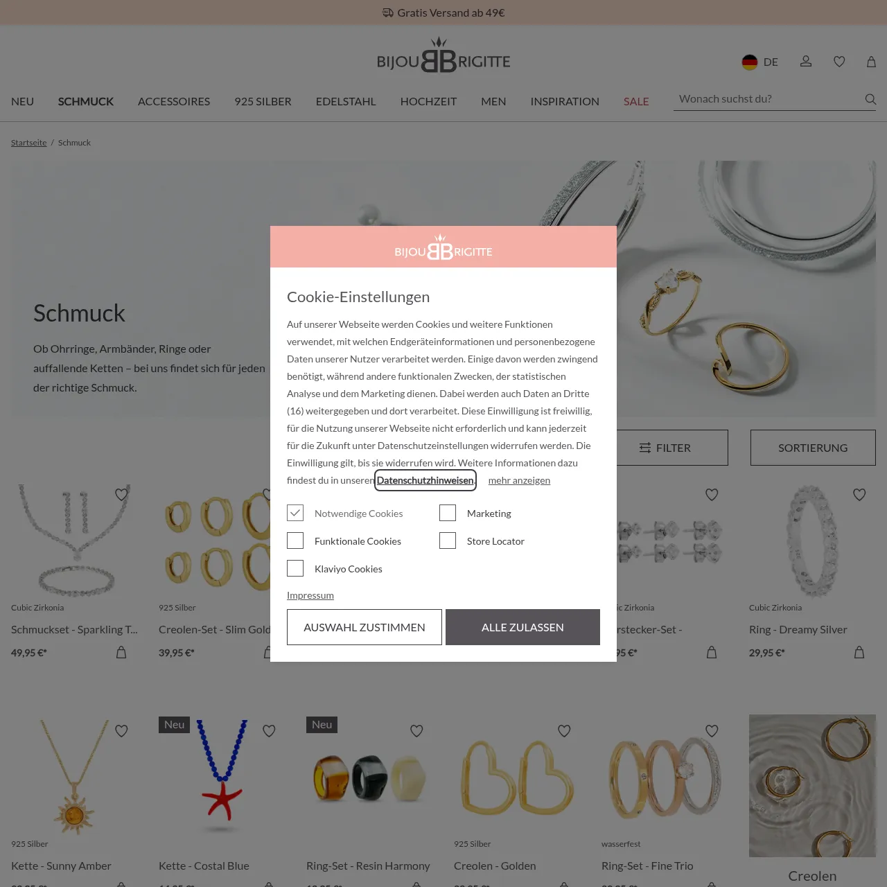 Bijou Brigitte Schmuck-Kategorienseite mit Ohrringen, Ketten und Modeschmuck-Kollektionen
