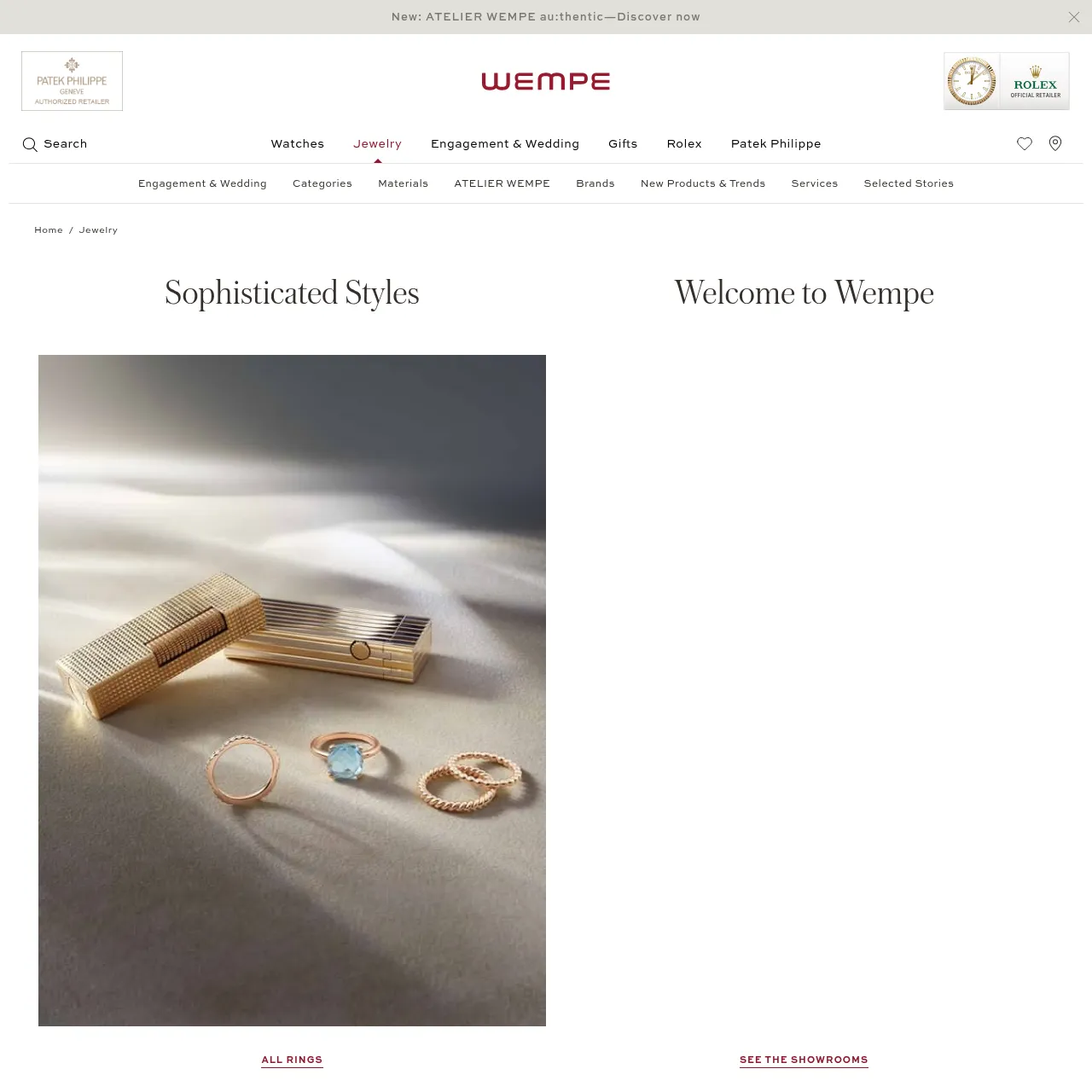 Wempe Schmuck-Kategorienseite mit Verlobungsringen, Eheringen, ATELIER WEMPE Linie und Luxusuhren