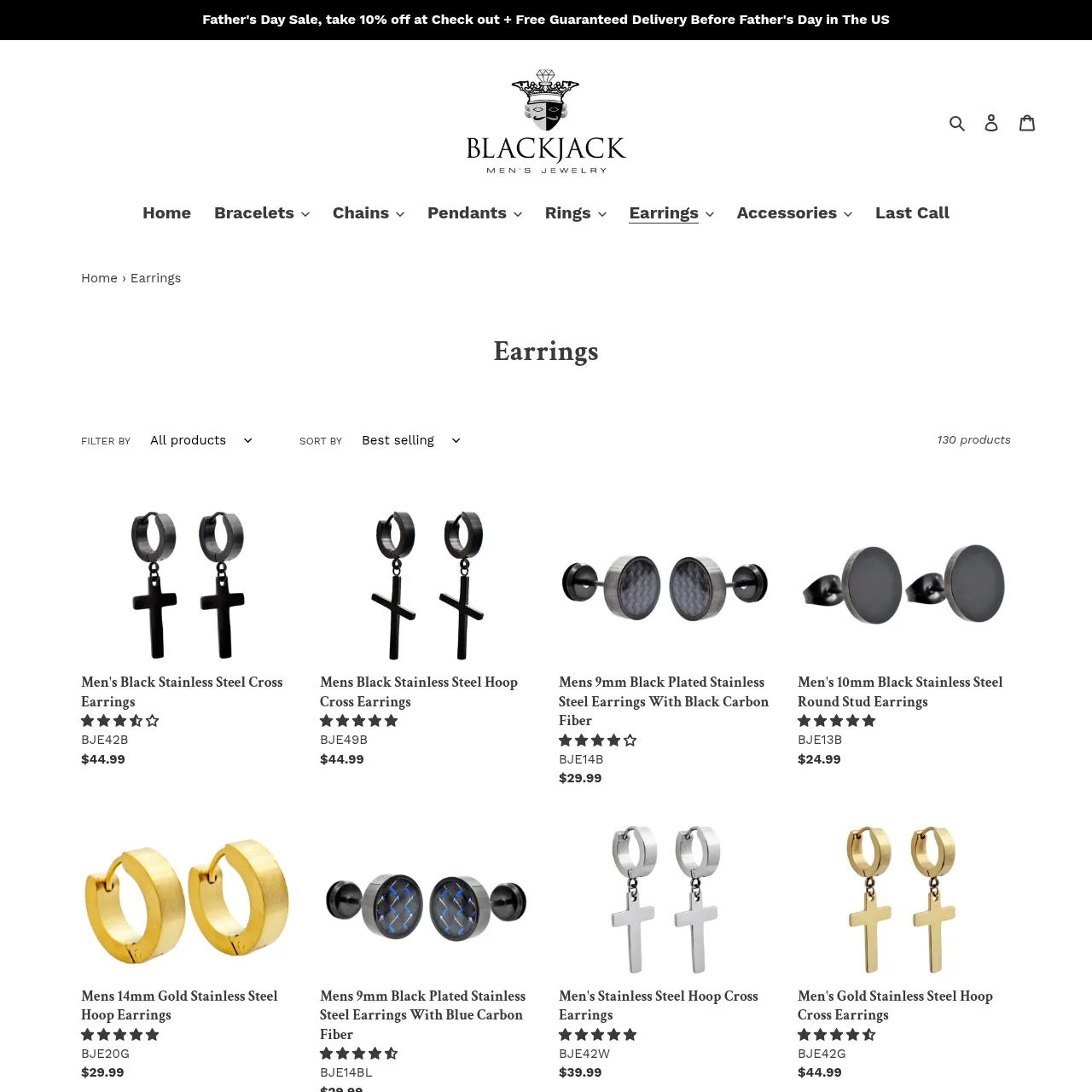 Blackjack Jewelry men's earrings collection page