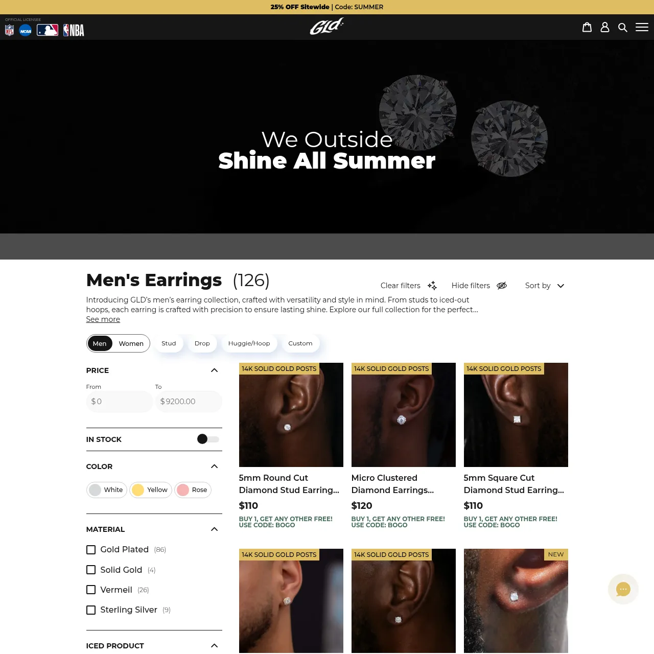 The GLD Shop men's earrings collection page
