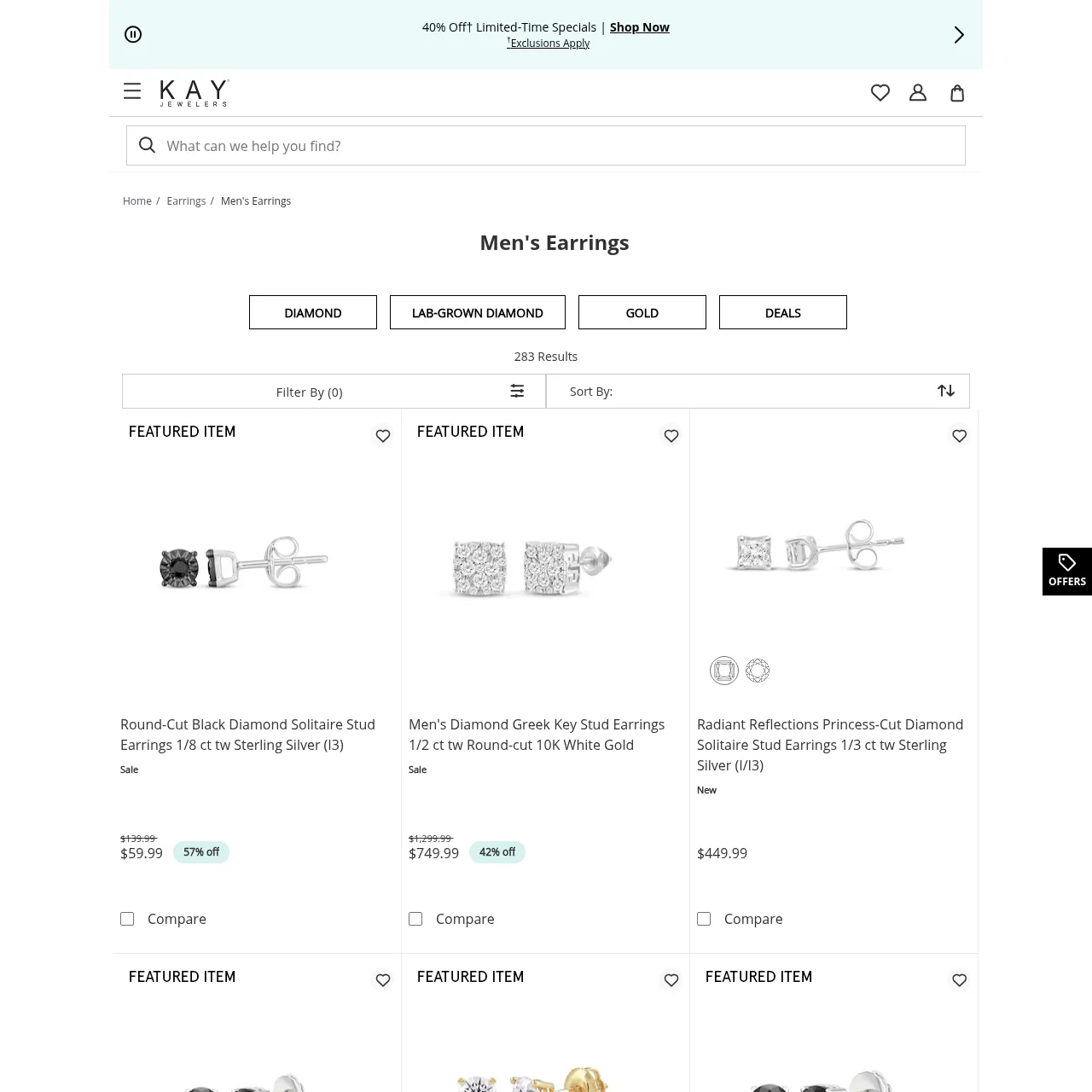 Kay Jewelers Men's Earrings Collection interface