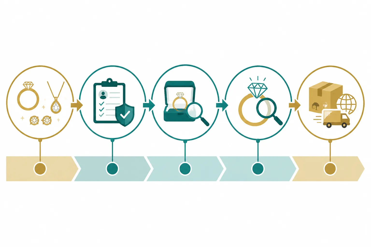 محل ذهب - Clean informational diagram showing a jewelry sourcing flowchart — 5 stages from left to right: "تحديد المنتج" → "اختيار المورد" → "طلب العينة" → "مراقبة الجودة" → "الشحن والتسليم" — flat design with gold and teal color palette, simple icons per stage, white background, Arabic labels