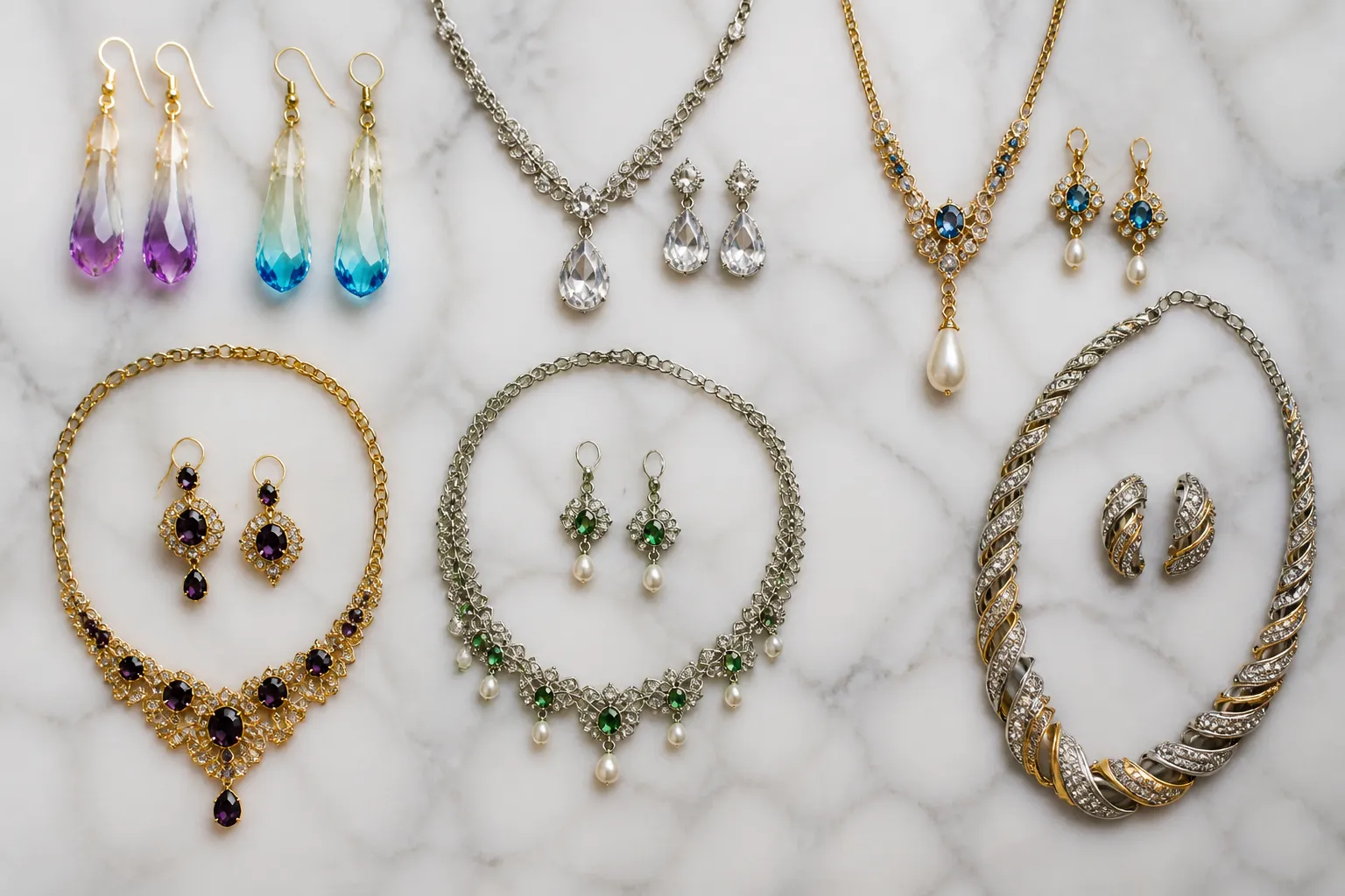 bijoux swarovski - Flat lay de bijoux alternatifs — boucles d'oreilles pendantes en cristal dégradé, sets collier-boucles d'oreilles vintage et strass deux tons, disposés sur fond de marbre blanc avec étiquettes fournisseur OEM, illustrant la diversité des styles disponibles en approvisionnement direct