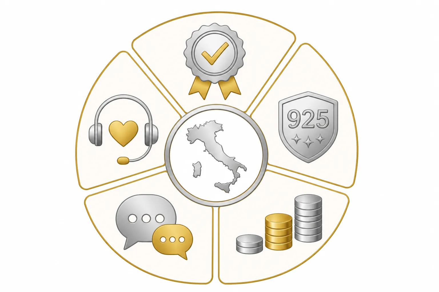 italian silver 925 - رسم تخطيطي توضيحي يُبيّن معايير تقييم مورّد الفضة الاسترلينية من منظور المشتري الإماراتي، يشمل: الترخيص، الجودة، المرونة في الكميات، اللغة، وخدمة ما بعد البيع
