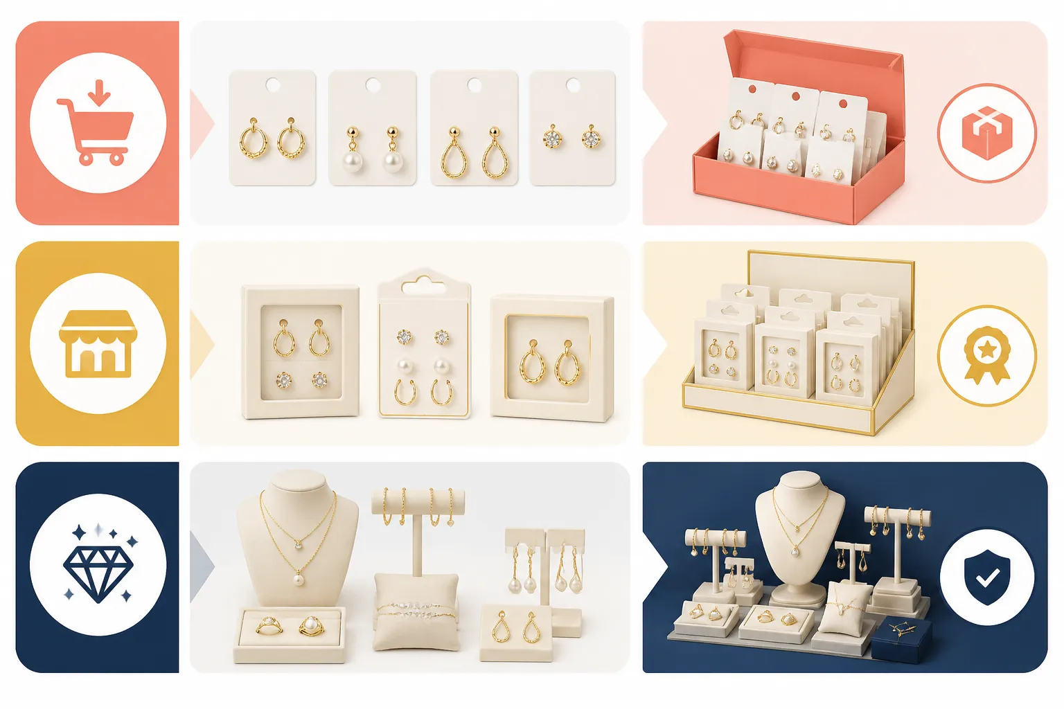 joyas y bisutería - Diagrama comparativo de tres niveles de compra de bisutería: entrada (aretes de catálogo estándar), mercado medio (sets personalizados con packaging de marca), y premium OEM (colección completa con certificación y soporte dedicado), con íconos descriptivos por nivel