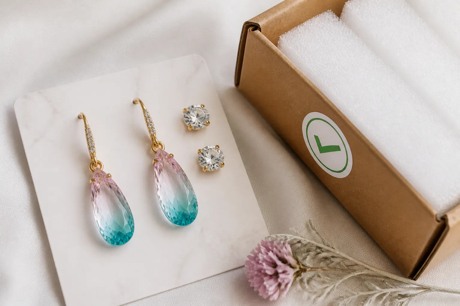 joyas y bisutería - Fotografía de detalle de aretes colgantes de cristal degradado y studs de rhinestone dispuestos sobre tarjeta de presentación de marca, mostrando calidad de acabado, uniformidad de color y packaging de exportación con etiqueta de QC aprobado