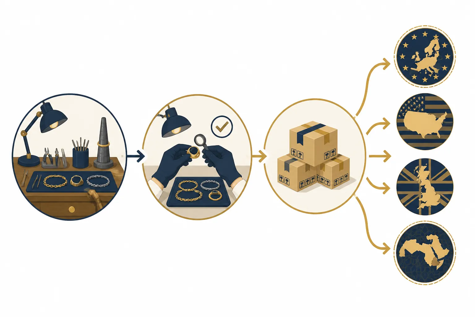 schmuck männer - Infografik zur STRAND-Lieferkette — von der Werkstatt in Hangzhou über In-House-QC bis zum internationalen Versand nach EU, USA, UK und MENA, mit Icons für die einzelnen Prozessschritte