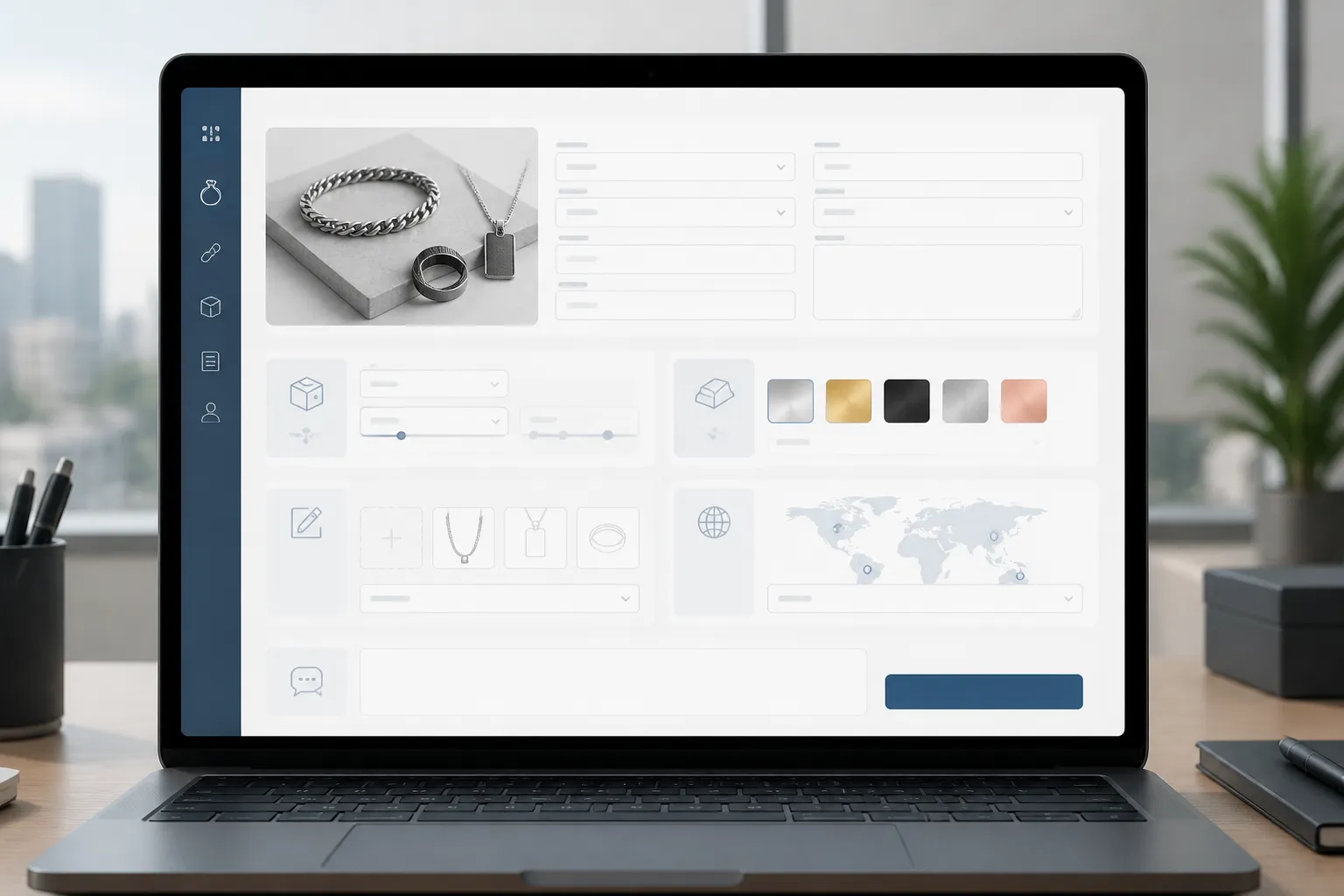 schmuck männer - Annotiertes Mockup einer B2B-Anfragestrecke — Muster-Produktanfrage mit Feldern für MOQ, Materialwahl, OEM-Anforderungen und bevorzugte Lieferregion, als Illustration eines typischen Beschaffungsprozesses für Herrenschmuck