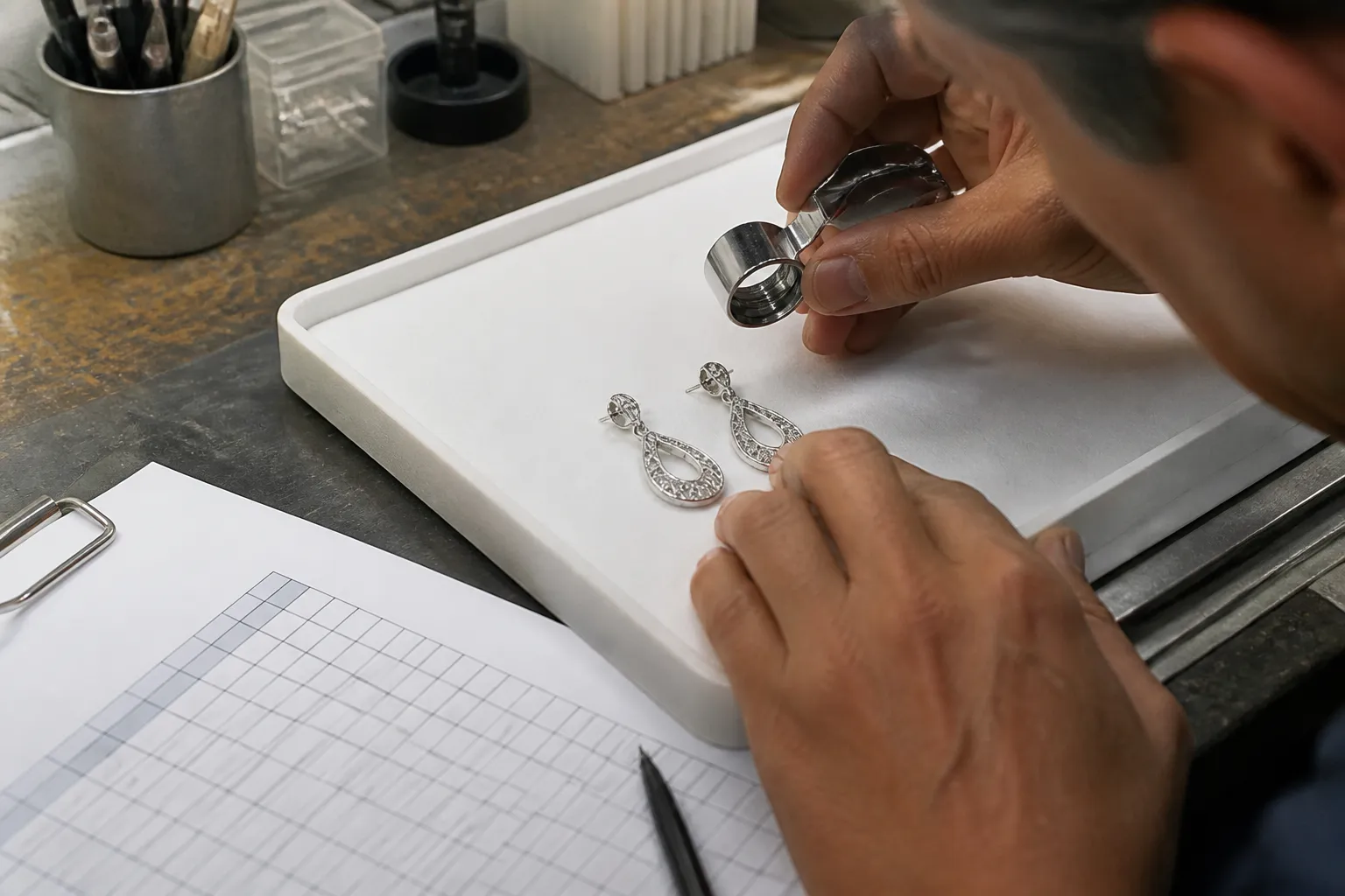 plata - Foto de proceso de control de calidad en taller de joyería: inspector examinando aretes de plata con lupa, con formulario de inspección AQL en primer plano