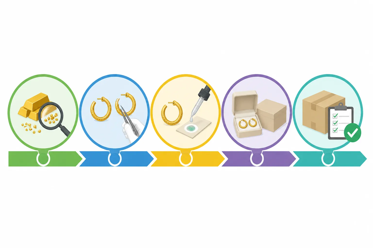 ohrringe gold - Infografik zum QC-Prozess eines chinesischen OEM-Schmucklieferanten – zeigt Stufen: Rohmaterialprüfung, Zwischeninspektion, Nickeltests, Verpackungskontrolle und Versandfreigabe