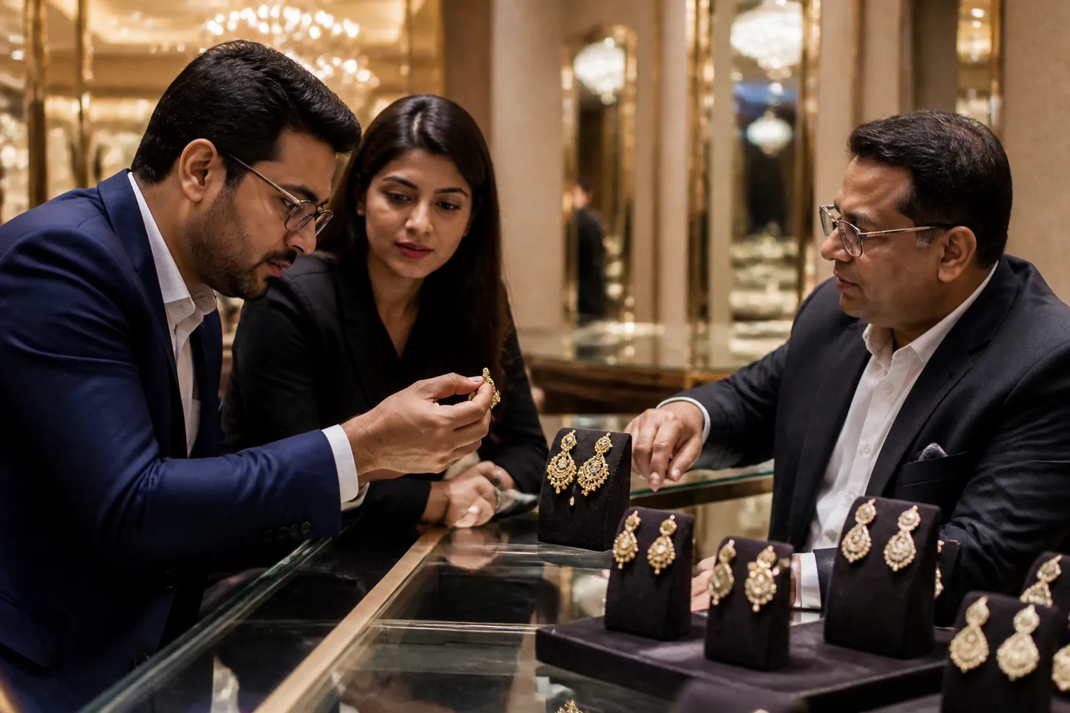 ohrringe gold - Redaktionelles Foto eines Juweliershowrooms mit hochpreisigen Goldohrringen unter Glasvitrine, Händler im Gespräch mit Großhandelskunden – repräsentiert Premium-B2B-Einkauf