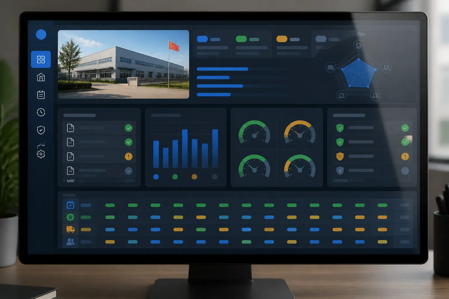 china outlet - Annotated UI mockup of a supplier evaluation dashboard showing compliance document status, response time metrics, production capacity indicators, and certifications checklist for a Chinese factory outlet profile