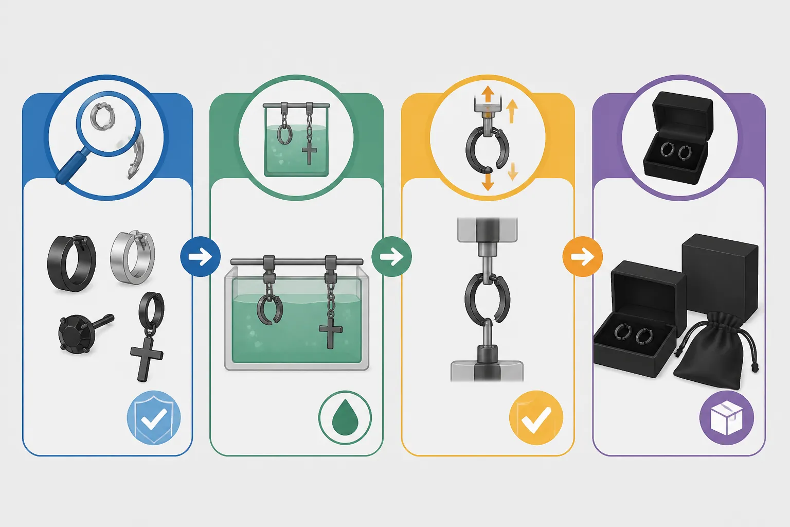 pendientes hombre - Diagrama infográfico que ilustra el proceso de control de calidad en joyería de moda: inspección de materiales, control de baño galvánico, test de resistencia y empaquetado final, con iconos claros por fase