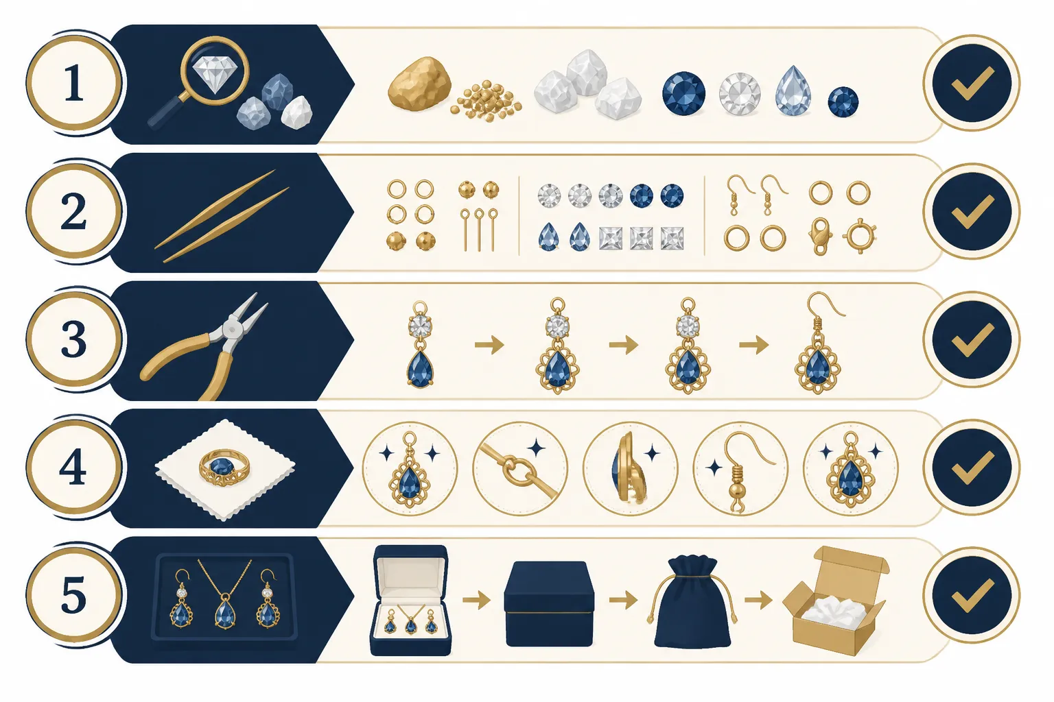 marque bijoux - Diagramme annoté illustrant le processus de contrôle qualité d'un fabricant de bijoux fantaisie — de l'inspection des matières premières à la vérification de finition avant emballage, avec étapes numérotées et points de contrôle mis en évidence