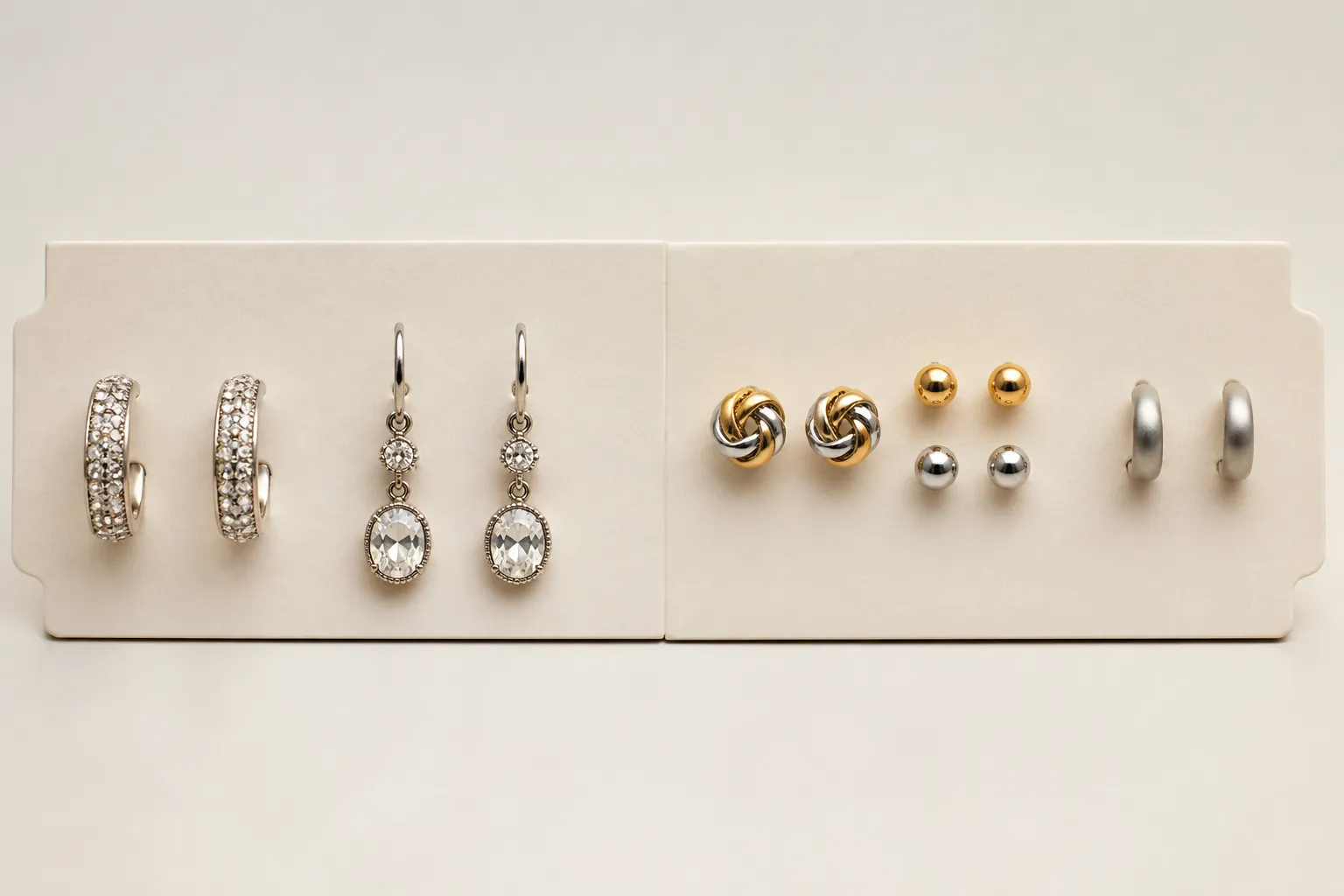 titanium earrings - Editorial photo of a STRAND-style earring assortment — drop earrings, stud sets, rhinestone hoops, and vintage crystal styles — arranged by material and finish on a display card, showing the breadth of a multi-material OEM collection vs. a single-material titanium line