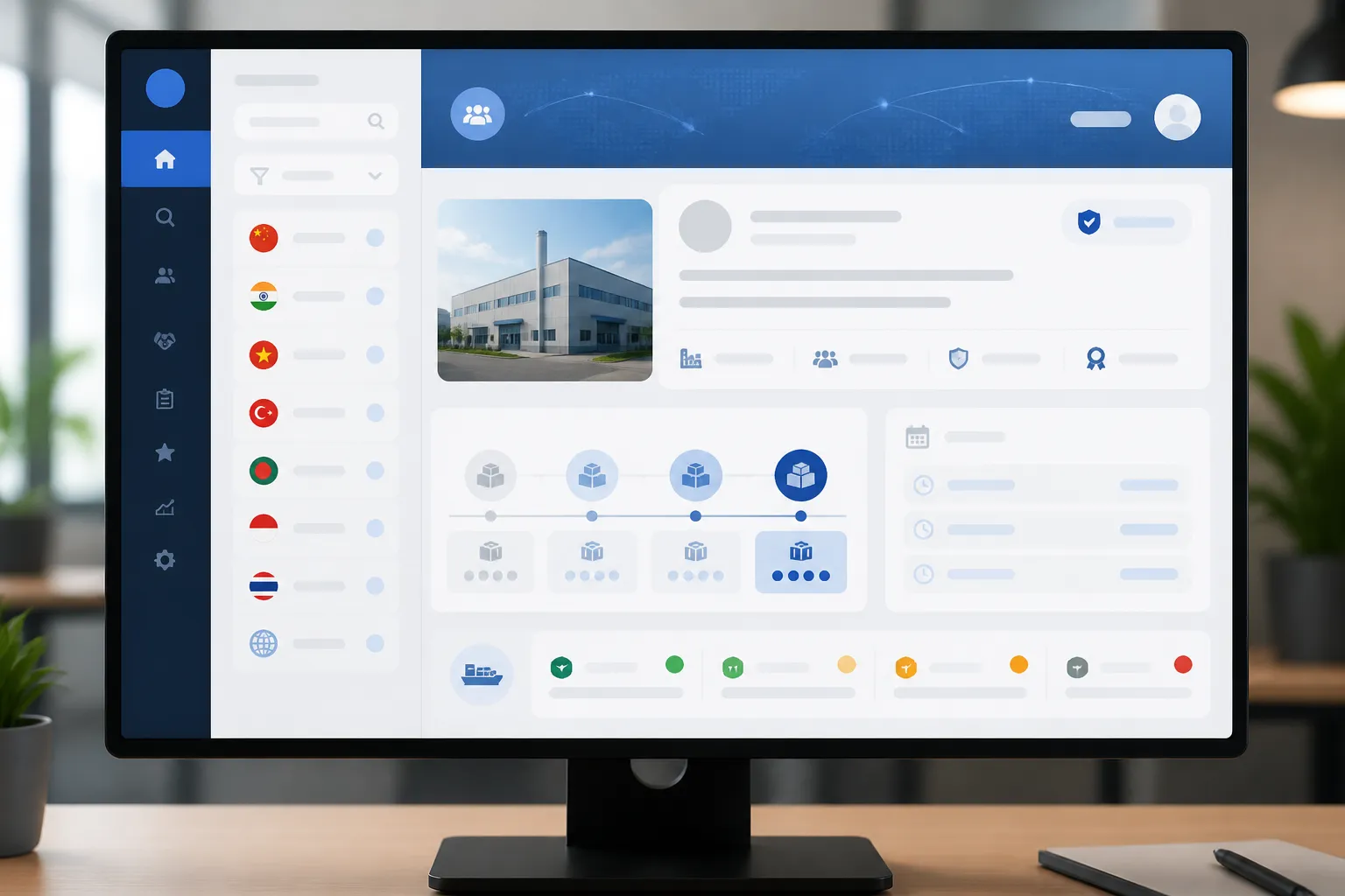 country consignments - Annotated UI mockup of a supplier matchmaking dashboard (conceptually similar to Link4a Match) showing a factory profile with live consignment availability, MOQ tiers, and lead time fields — illustrating what modern cross-border sourcing infrastructure looks like