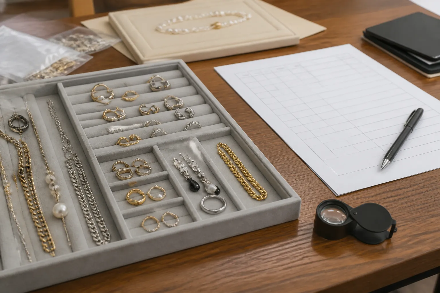 marque bijoux - Photo éditoriale d'un bureau d'acheteur professionnel avec échantillons de bijoux fantaisie disposés sur un plateau d'évaluation, formulaire de RFQ et loupe — illustrant l'étape d'évaluation des échantillons dans le processus d'achat