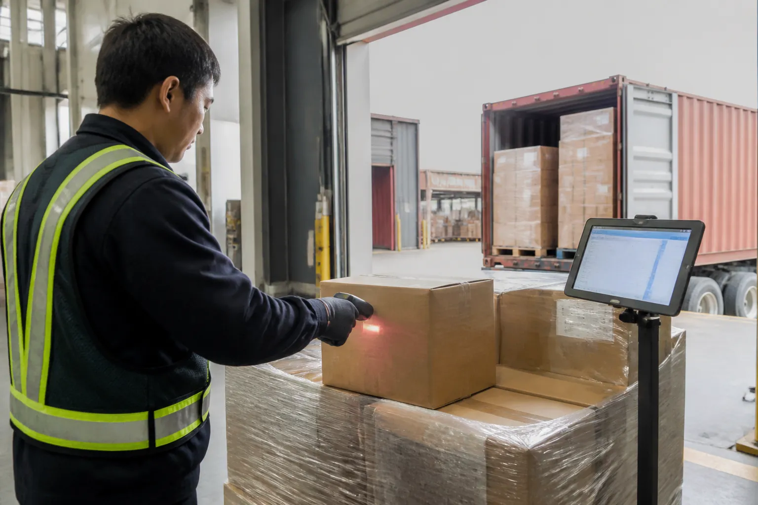 country consignments - Editorial photo of a well-organized warehouse receiving dock with boxes being logged into a WMS system, representing the inventory reconciliation process in a cross-border consignment arrangement