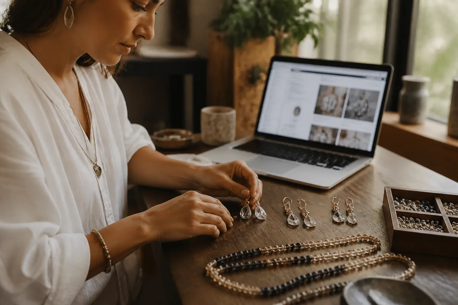 schmuck verkaufen - Fotorealistisches Bild eines DTC-Händlers, der am Schreibtisch ein Kollektion von Vintage-Kristall-Ohrringen und Zweifarbglas-Perlenketten arrangiert – im Hintergrund ein Laptop mit einem Open-Tab auf einem B2B-Beschaffungsportal