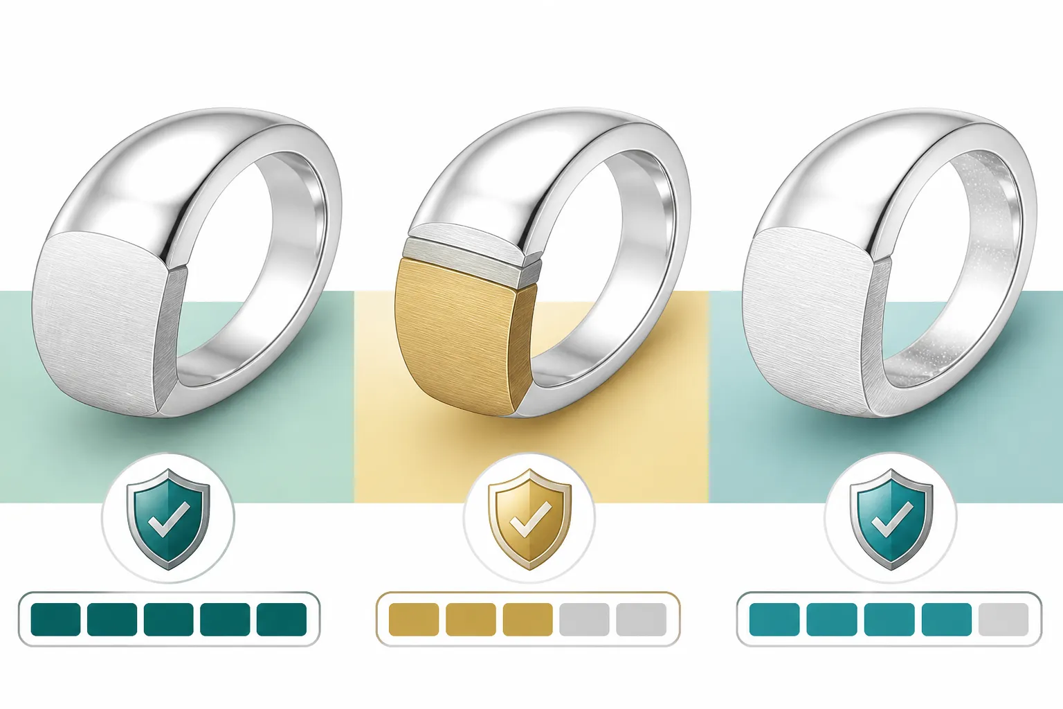 925 silver ring - Clean flat-design infographic showing a cross-section comparison of three ring types: solid 925 sterling silver, silver-plated brass, and pure silver 999 — each with a labeled diagram showing metal layers, durability icons (shield symbol), and a simple quality rating bar, white background with teal and gold color zones, no text labels beyond minimal single-word identifiers