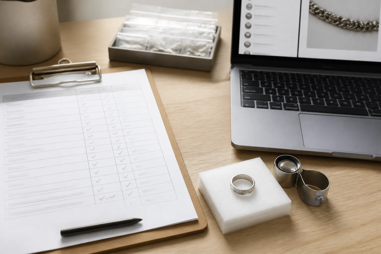 925 silver ring - Editorial top-down photo of a procurement workspace: a printed 925 sterling silver ring quality checklist on a clipboard, a real silver ring sample resting on white foam packaging beside a loupe magnifier, a laptop partially visible with a supplier communication screen open, natural window light, authentic sourcing environment