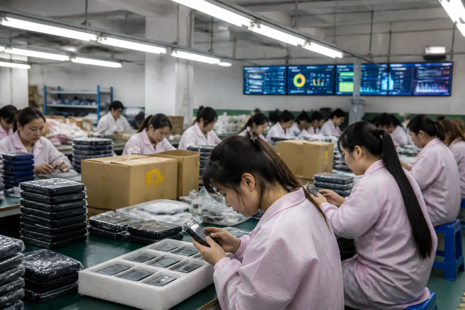 low cost country sourcing - Photorealistic editorial image of a modern Chinese export factory floor with digital quality control screens and workers producing goods for global markets, illustrating AI-enabled direct factory sourcing