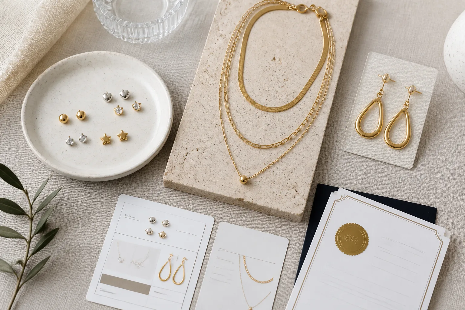 wasserfester schmuck - Stimmungsvolles Flat-Lay einer kuratierten Schmuckkollektion mit Edelstahl-Studs, vergoldeten Drop-Ohrringen und einem Halsketten-Set auf Leinenhintergrund, mit Produktkarten und Zertifikaten als B2B-Referenz