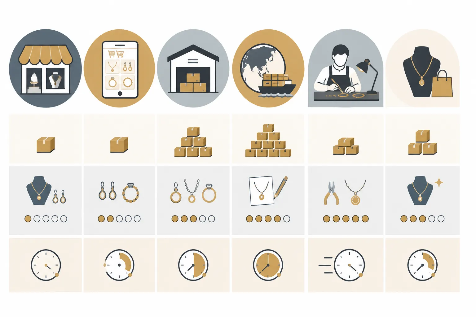 manège à bijoux leclerc - Tableau comparatif illustré montrant les caractéristiques de six sources d'achat de bijoux fantaisie (boutique physique, marketplace, grossiste Chine, artisanal) avec des icônes pour MOQ, personnalisation et délai