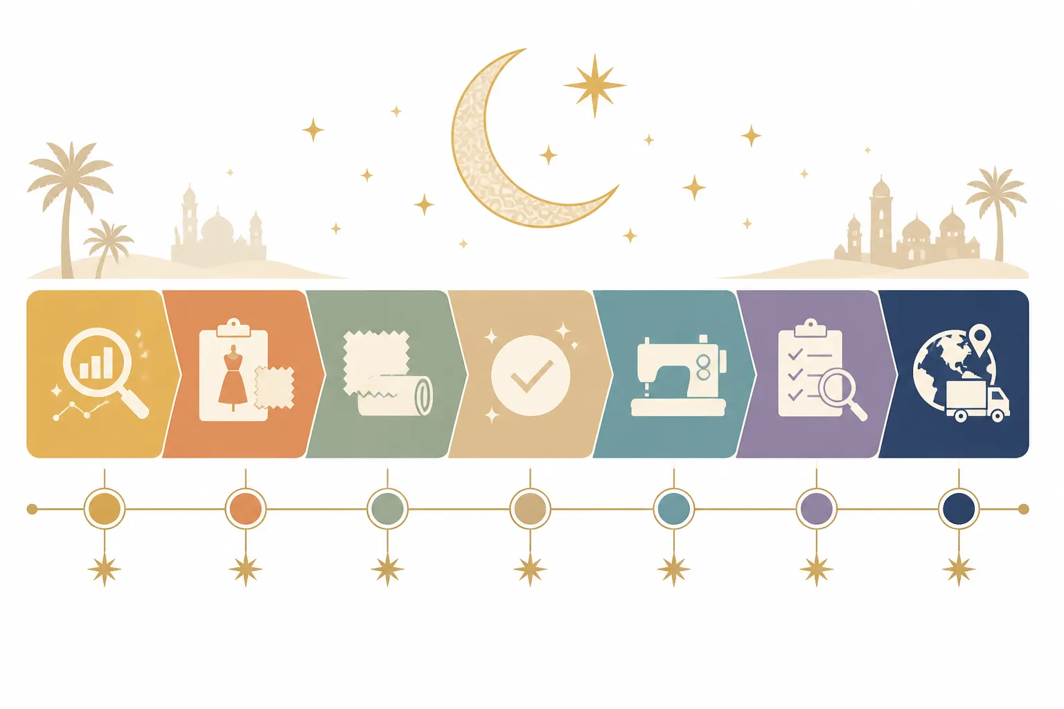 kendra scott earrings - Informational diagram showing a cross-border OEM production timeline — from trend identification and brief submission through sample approval, production, QC, shipping, and customs clearance — with key milestones labeled in English and Arabic, illustrating the seasonal calendar a MENA distributor would plan against