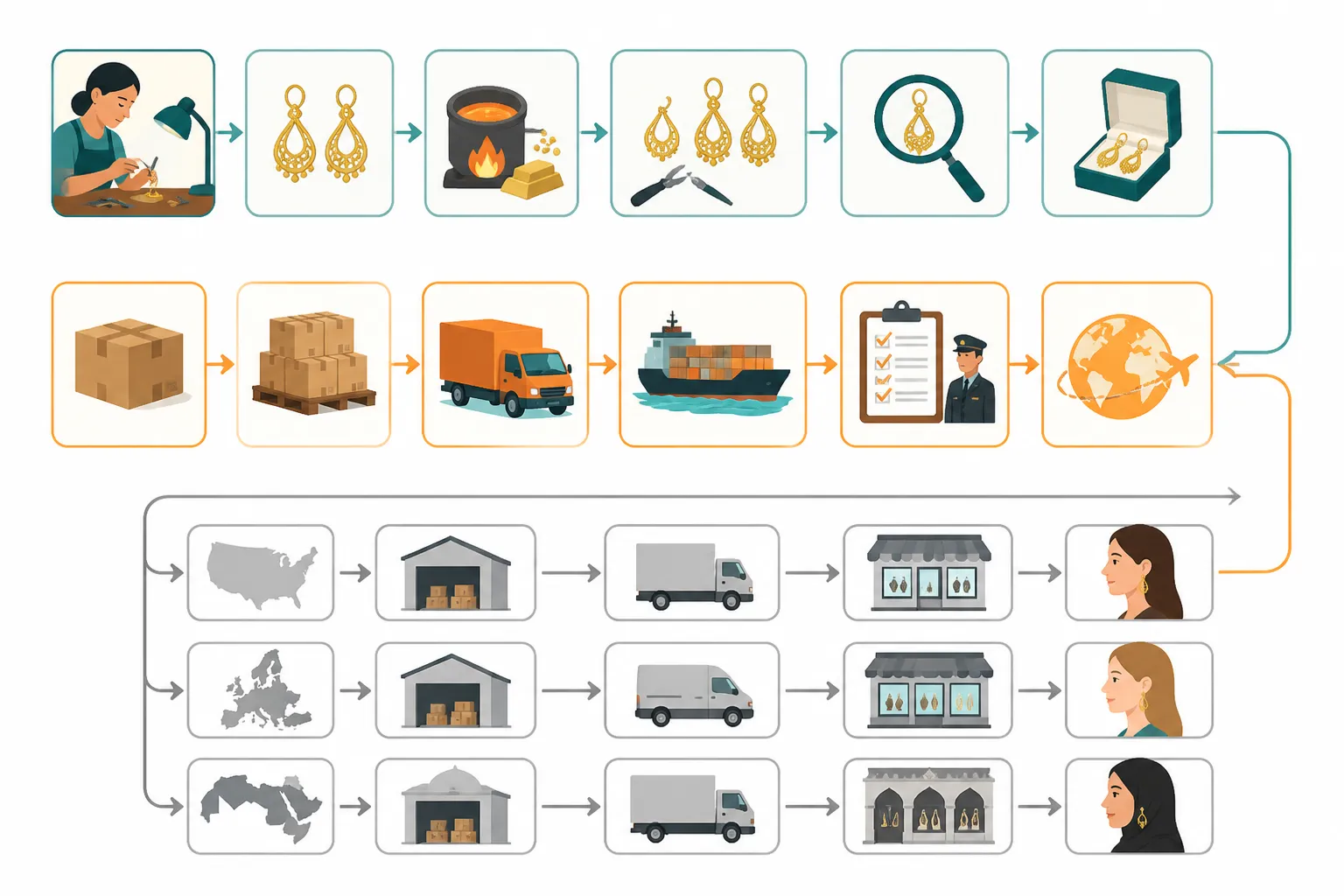 pendientes de oro - Diagrama informativo de estilo flat design con fondo blanco: mapa de flujo que muestra el ciclo de aprovisionamiento de pendientes de oro desde el taller en China hasta el consumidor final en mercados US/EU/MENA, con etapas claramente diferenciadas en bloques de color teal, naranja y gris, iconos simples por etapa (taller, QC, aduana, tienda), sin texto manuscrito