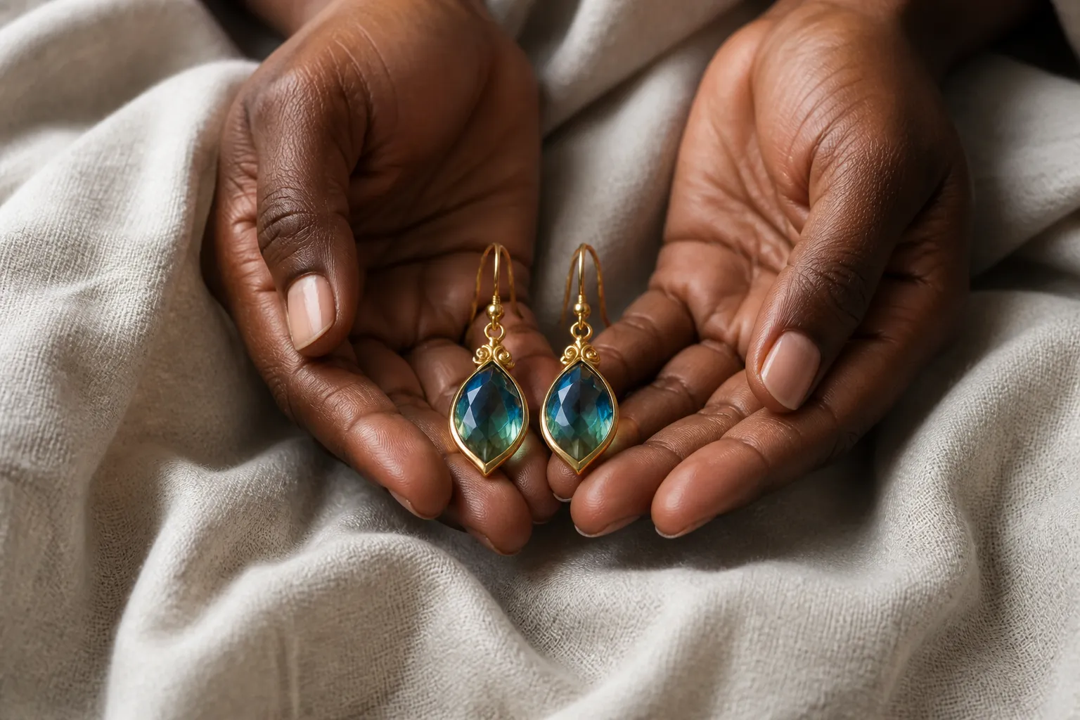 pendientes de oro - Fotografía editorial de producto: manos femeninas con tez oscura sosteniendo un par de pendientes colgantes de oro con cristal bicolor azul-verde sobre fondo de tela de lino natural, luz de ventana lateral suave, composición centrada que muestra el detalle del engaste y el color del cristal con precisión