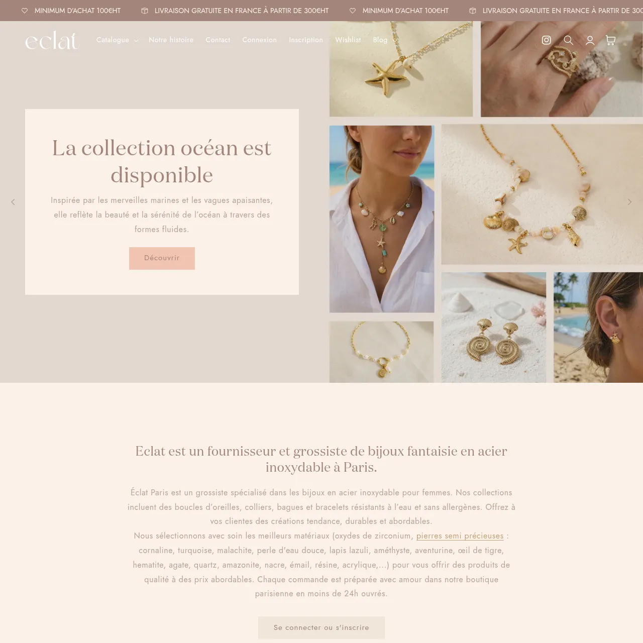 Page d'accueil d'Éclat Paris, grossiste B2B bijoux acier inoxydable avec collections thématiques