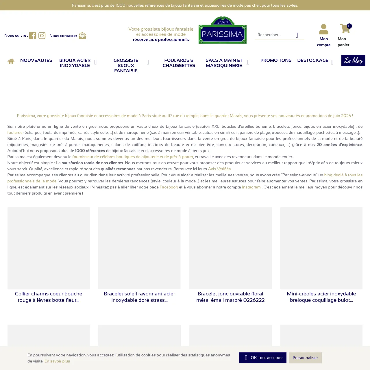 Interface de Parissima, grossiste B2B bijoux fantaisie basé à Paris