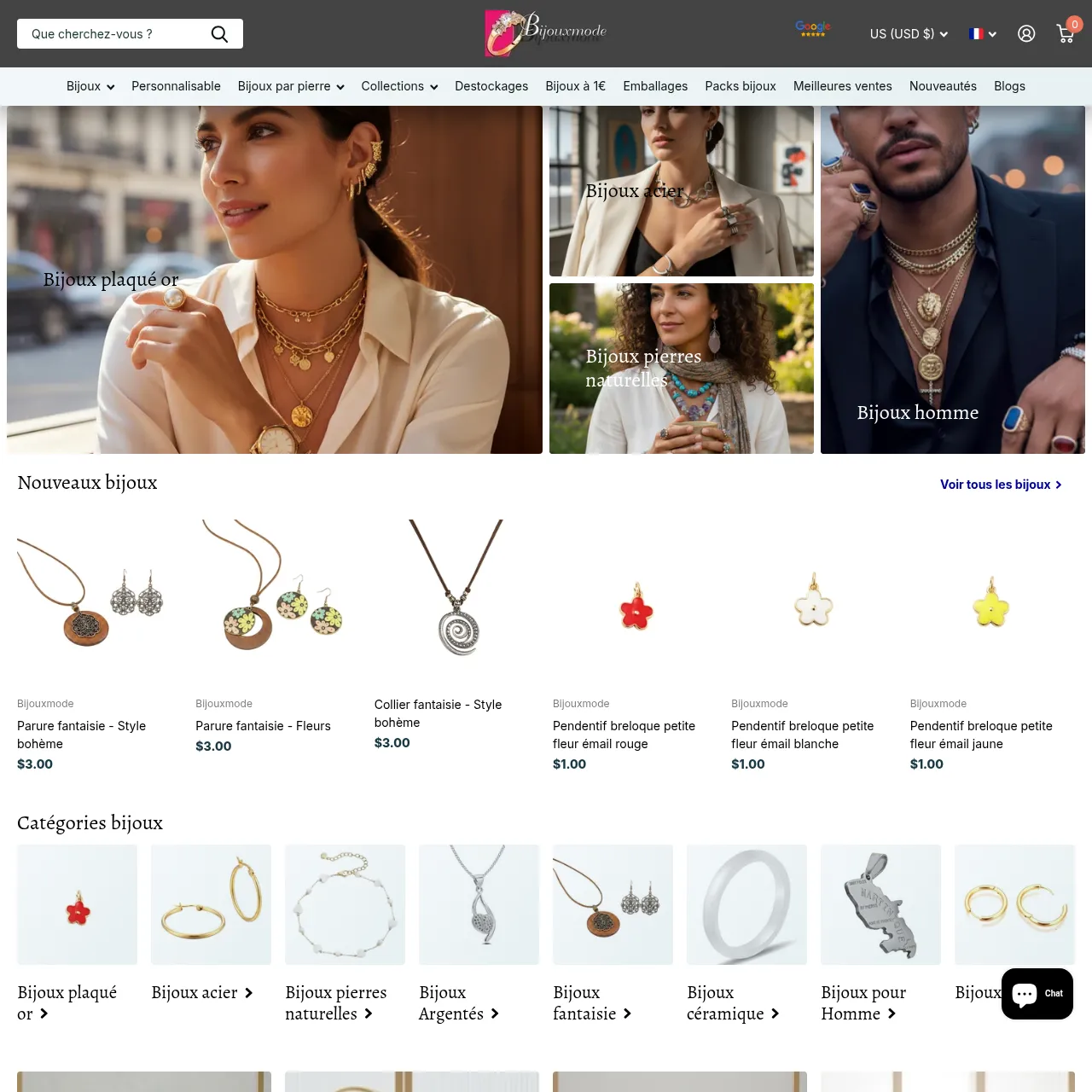 Interface de Bijouxmode, grossiste bijoux en ligne basé près de Sens, France