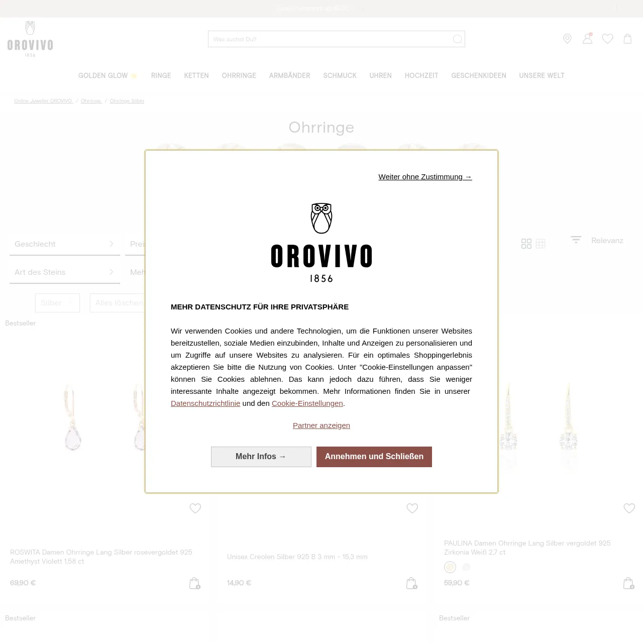 OROVIVO Silber Ohrringe Kategorieseite