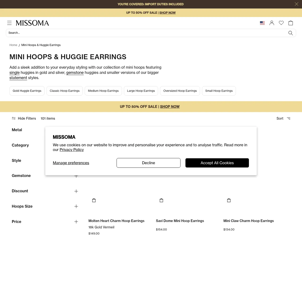 Missoma Mini Huggie Hoop Earrings collection interface