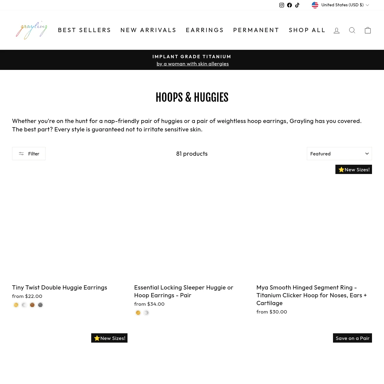 Grayling Jewelry Hoop & Huggie Earrings collection interface