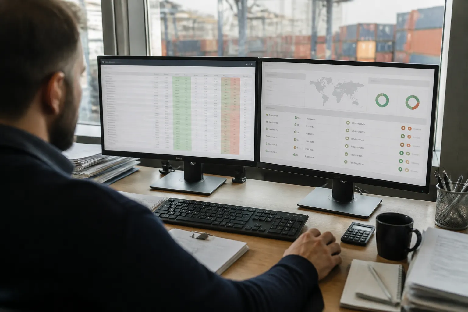 vietnam trade deal - Photorealistic scene of a sourcing manager at a desk with dual monitors showing a landed-cost comparison spreadsheet (Vietnam vs. China columns) and a supplier verification dashboard, with shipping containers visible through an office window in the background