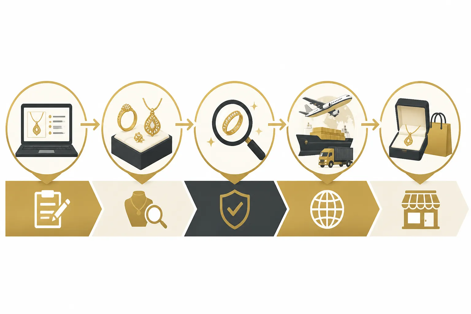 مرتعشة ذهب - مخطط تدفق يوضّح خطوات عملية استيراد مرتعشة ذهب من المورد حتى وصولها إلى المتجر — من RFQ إلى الشحن وفحص الاستلام
