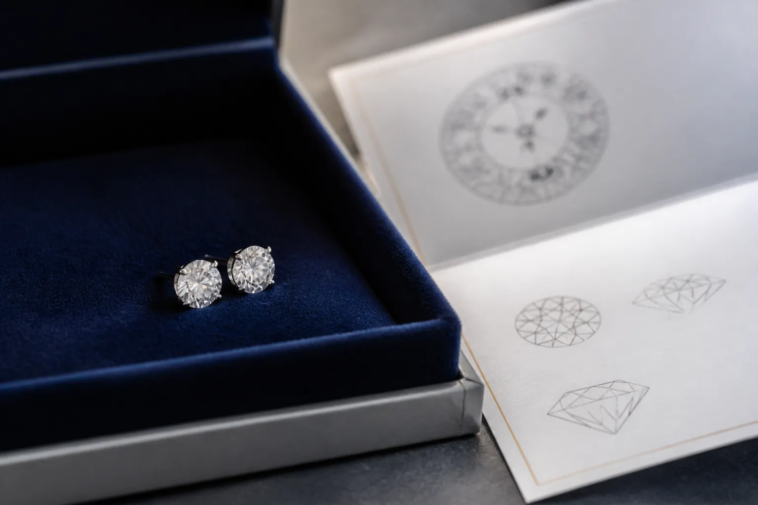 lab grown diamond earrings - Close-up editorial photo of a pair of lab grown diamond stud earrings resting on a velvet jewelry tray beside an IGI grading certificate, demonstrating the certification process US buyers rely on