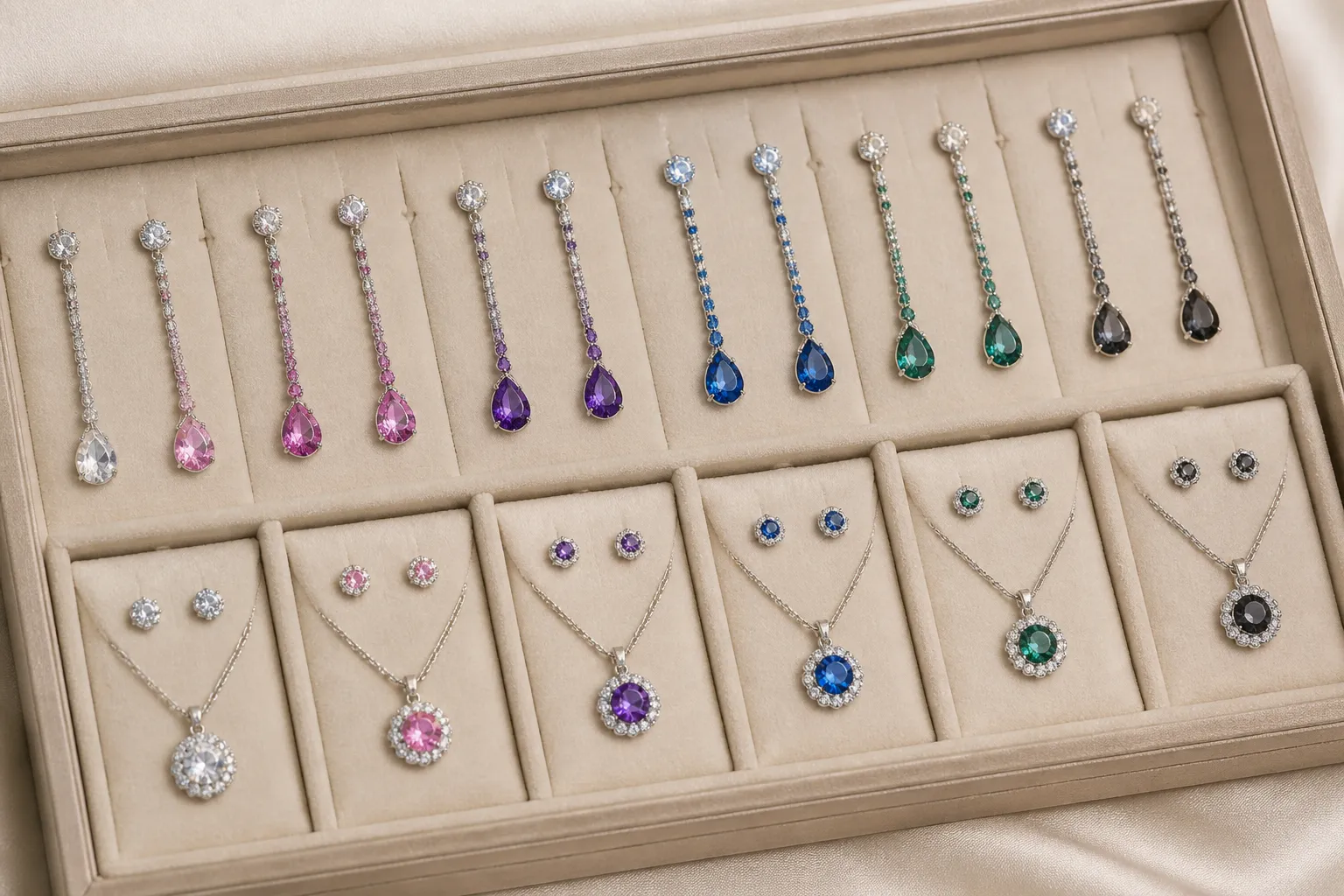 bijoux femme - Plateau de présentation professionnel avec plusieurs lignes de bijoux femme — boucles d'oreilles pendantes cristal gradient, sets collier et puces rhinestone, disposés sur fond neutre beige, éclairage studio produit