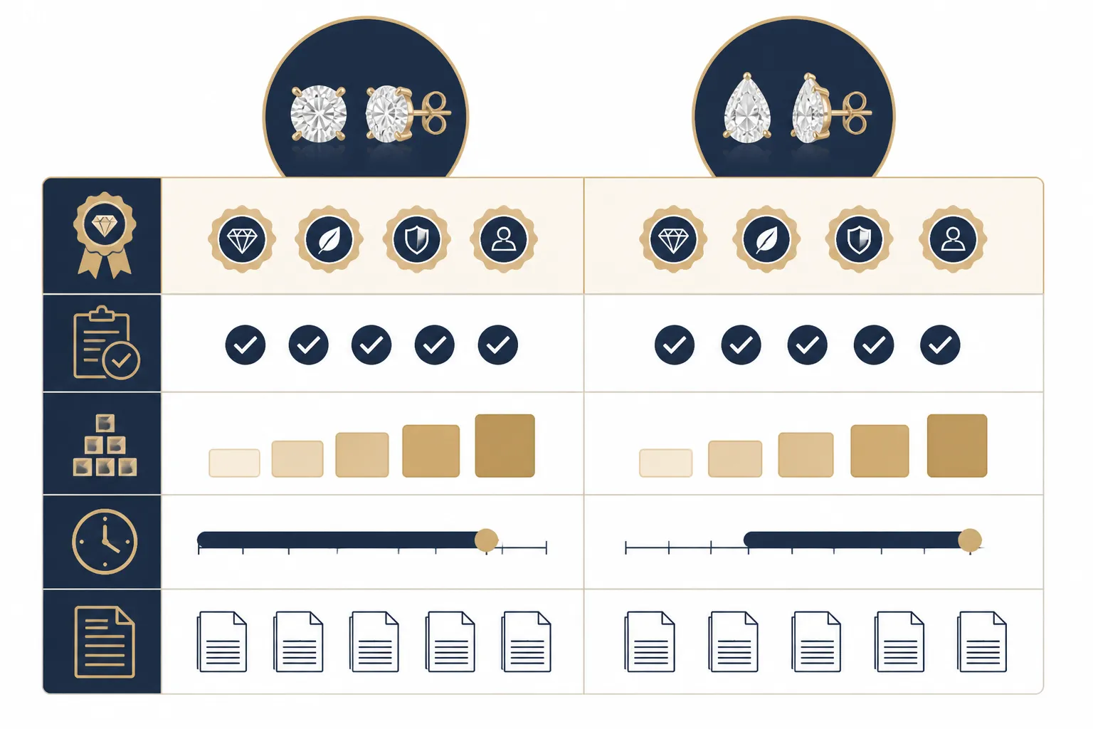 lab grown diamond earrings - Annotated comparison diagram showing the key evaluation criteria US buyers use when selecting a lab grown diamond earring supplier — including IGI certification, FTC-compliant labeling, MOQ tiers, lead time, and QC documentation