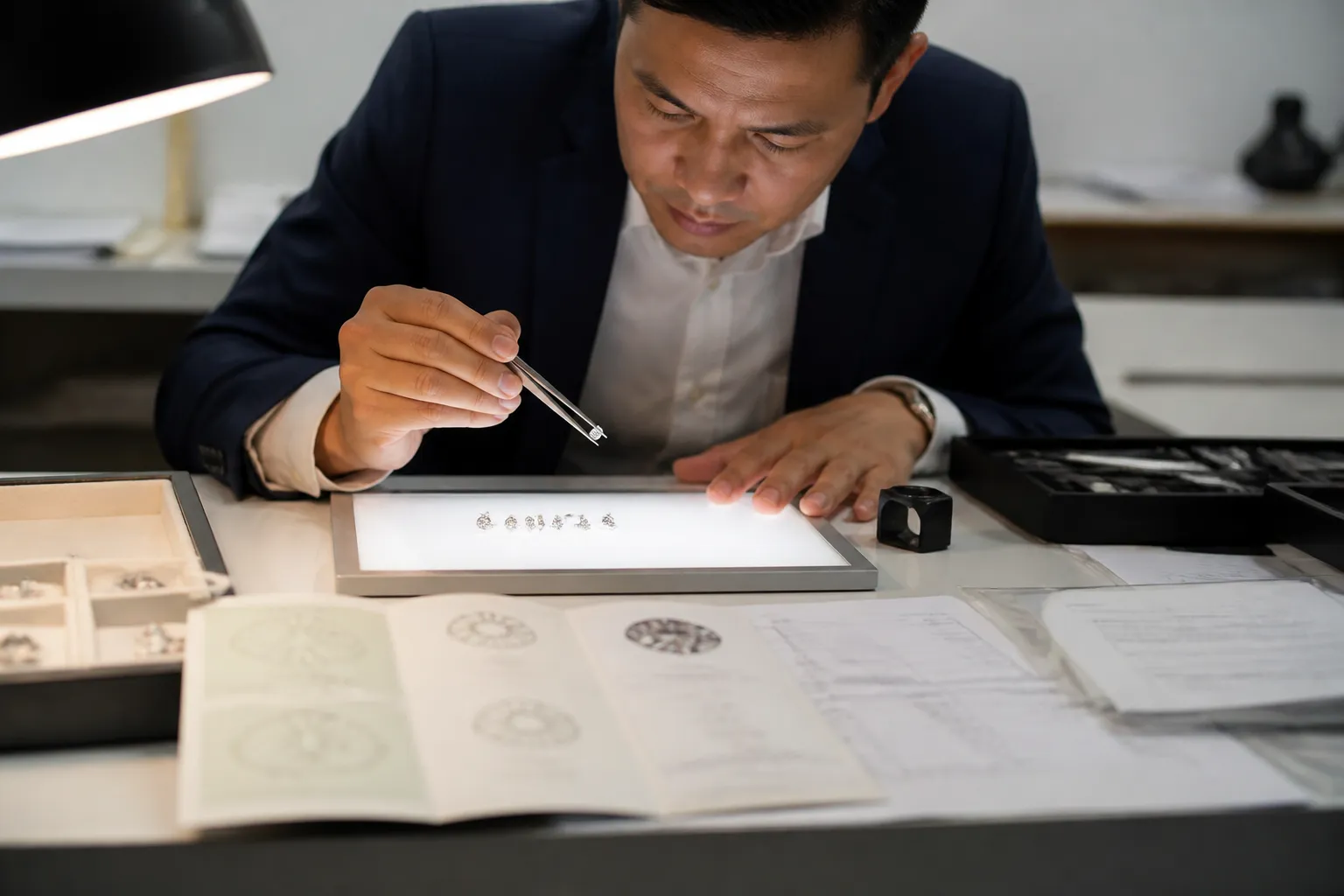 lab grown diamond earrings - Photorealistic scene of a US jewelry store buyer reviewing lab grown diamond earring samples at a light table, with an IGI certificate and import documentation visible — illustrating the in-person QC and paperwork review process importers undertake