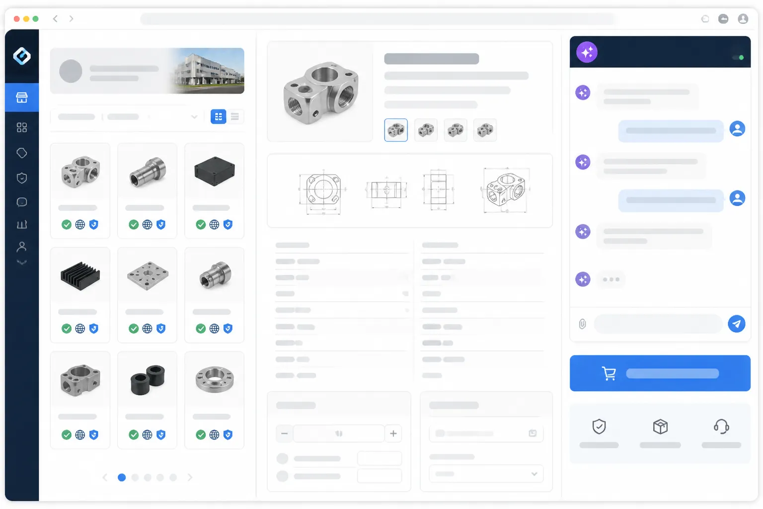 china merchants - Annotated UI mockup of a Link4a Sitebox storefront as seen by a U.S. buyer — showing product catalog, English-language spec sheets, certifications panel, and "Request a Quote" CTA alongside real-time inquiry chat powered by Inbox AI