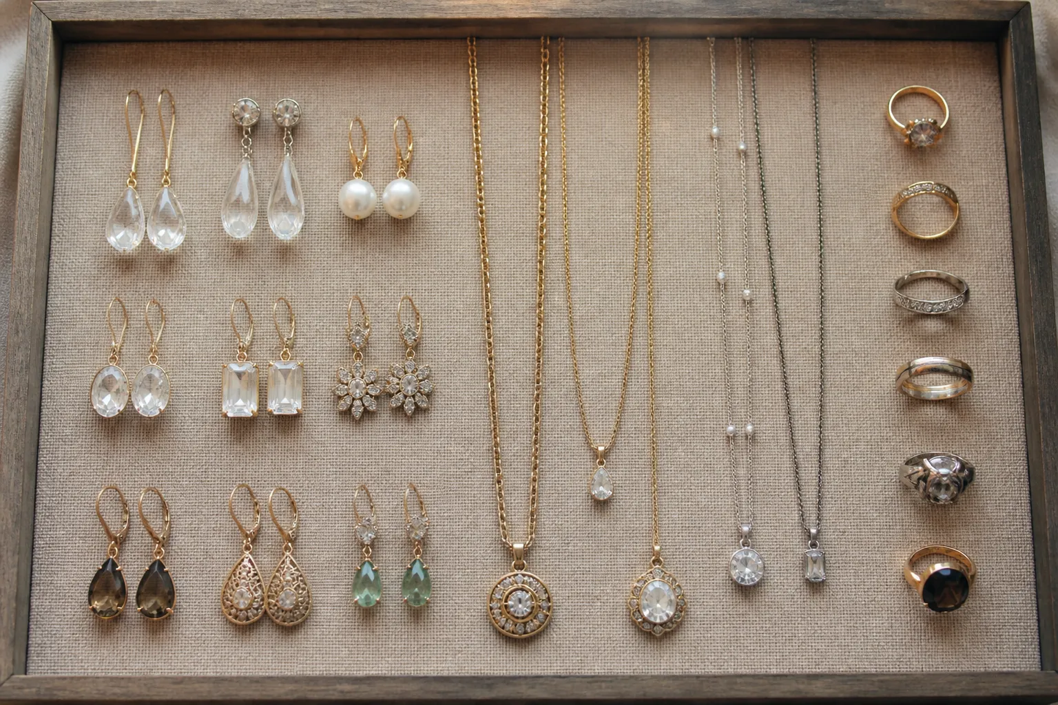 schmuck frauen - Flatlay-Foto eines sortierten Schmucktabletts mit Ohrhängern, Ketten und Ringen in verschiedenen Stilen – Vintage, Kristall, zweifarbig – auf einem beigen Hintergrund, der Produktvielfalt und Beschaffungsoptionen für Importeure visualisiert