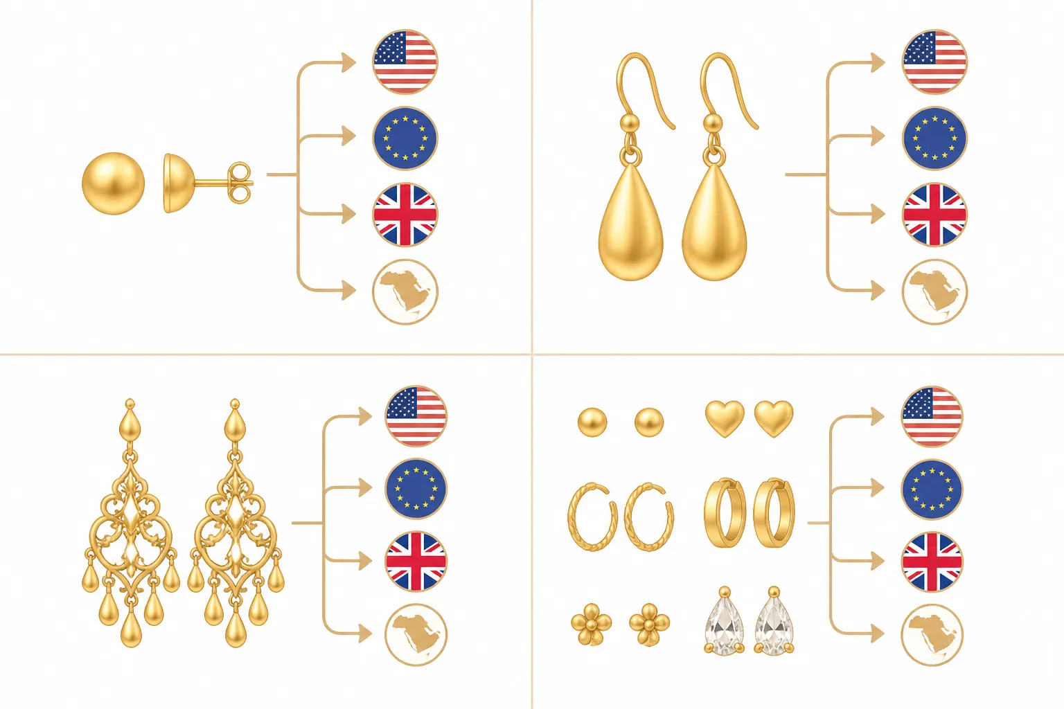 pendientes dorados - Diagrama informativo de estilo plano (flat design) que muestra una taxonomía visual de los principales tipos de pendientes dorados: studs, drop earrings, chandelier y sets, con iconos simples por categoría, flechas indicando los mercados de destino recomendados (US, EU, UK, MENA) y una paleta de colores dorado/beige/tostado, sobre fondo blanco