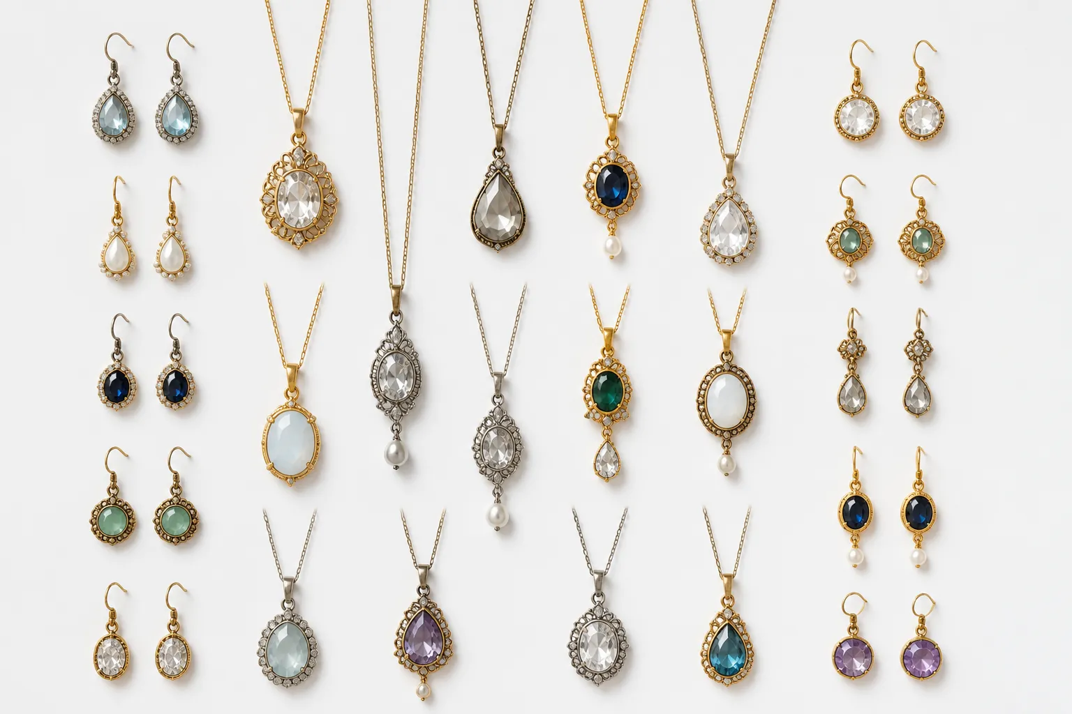 damen schmuck - Flach gelegte Auswahl an modernem Damen Schmuck – Ohrringe, Halsketten und Sets in Vintage- und Kristalloptik auf weißem Hintergrund, als Überblick für Einkäufer