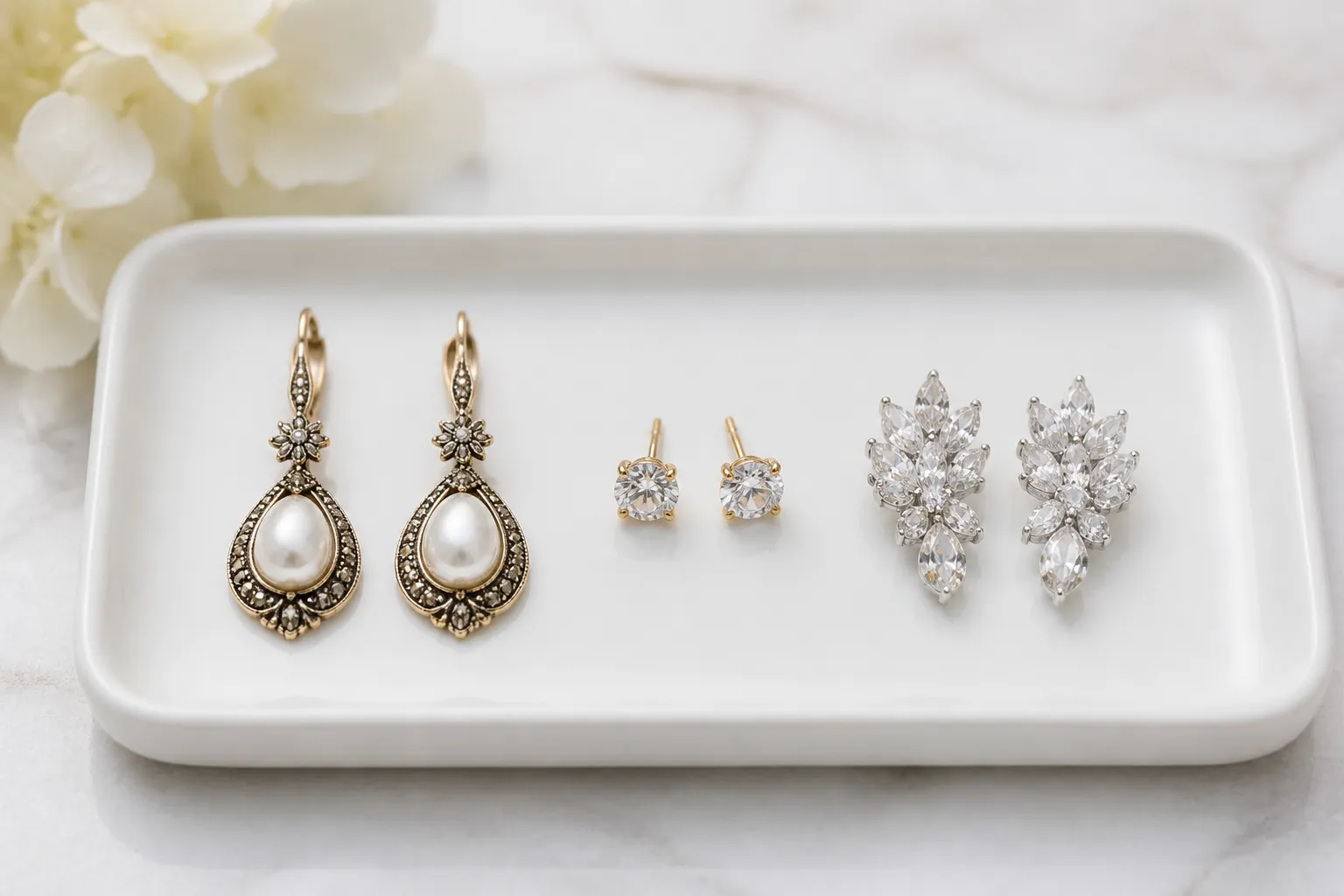 damen schmuck - Vergleich verschiedener Ohrringe-Styles – Drop-Ohrringe, Stecker und Kristallsets nebeneinander auf einem Tablett, beschriftet mit Stilkategorien wie „Vintage", „Strass" und „Glasperlen" zur Orientierung für Einkäufer