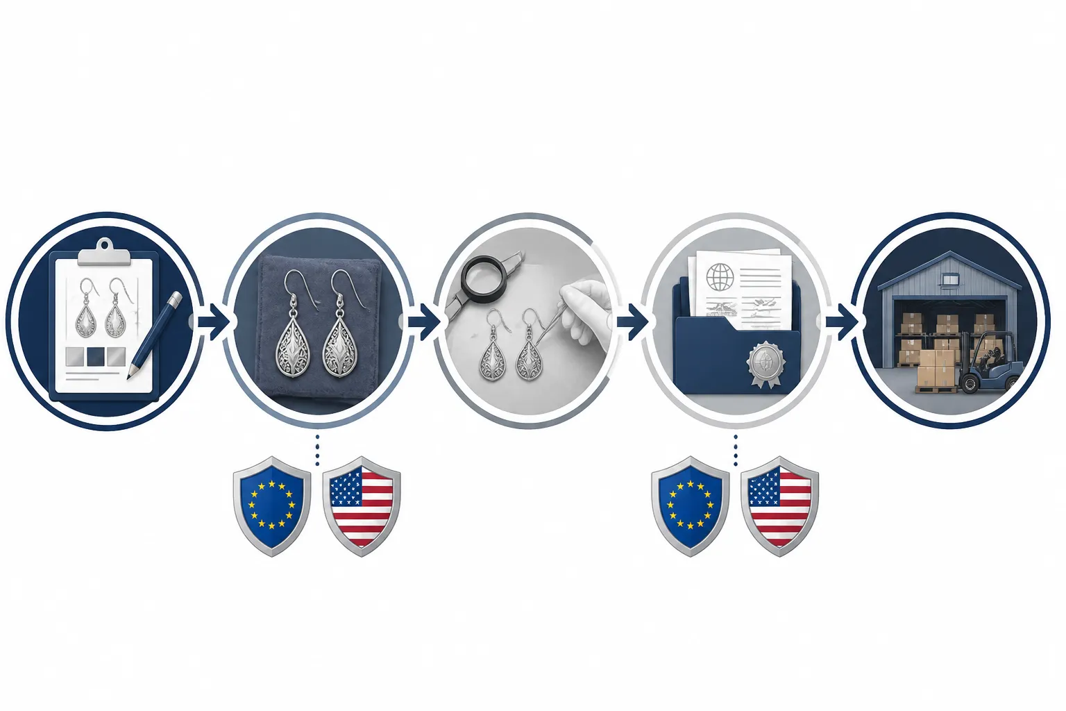 silver earrings - Annotated sourcing workflow diagram showing the OEM pipeline from buyer brief → workshop sample → in-house QC inspection → export documentation → destination warehouse, with callout boxes highlighting compliance checkpoints for EU (REACH/EN 1811) and US (CPSC/California Prop 65) markets